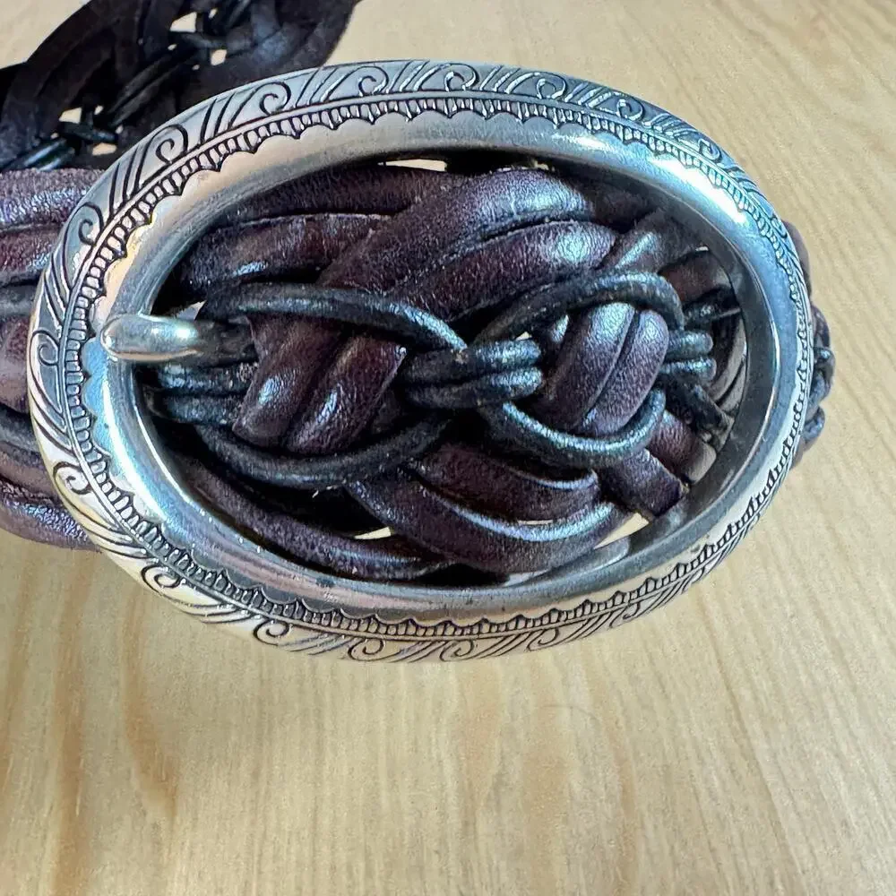 Brighton vintage Brown Braided Leather Belt Silver Classic Luxury Small